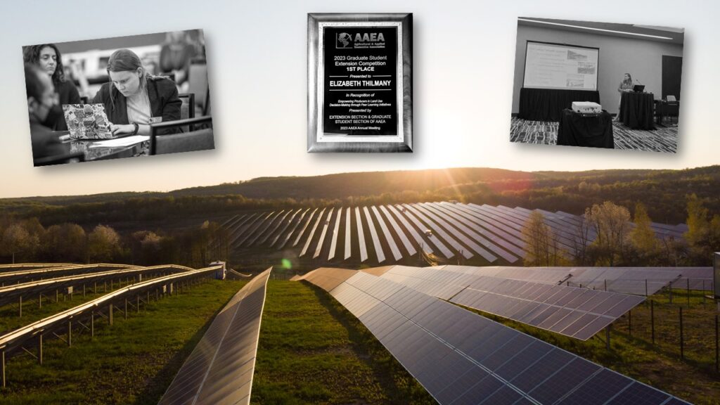 Solar field collage with images of Elizabeth presenting, working, and the award plaque she won. 