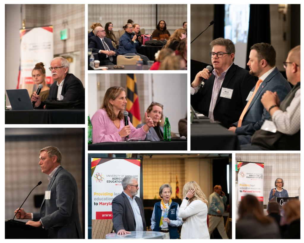 A collage of photos from the 2025 Agricultural and Environmental Law Conference shows speakers and attendees engaged in discussion. Images include panelists and presenters speaking into microphones at tables and podiums, audience members asking questions, and small groups networking. ALEI banners are visible in the background, and the setting appears to be a conference hotel ballroom. Photos by Matthew D’Agostino.