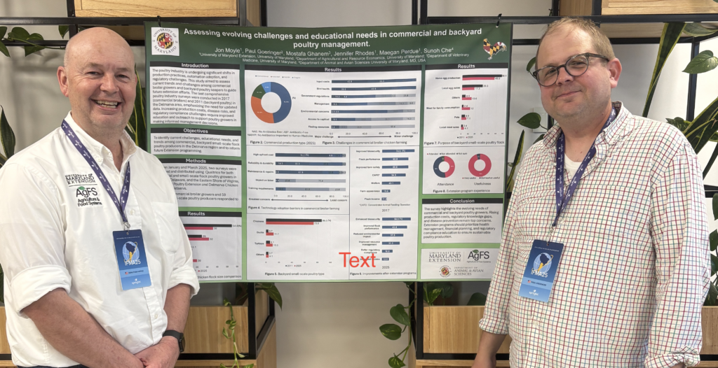 Two men stand indoors on either side of a large research poster displayed on a stand. Both are smiling and wearing conference badges. The poster is titled “Assessing evolving challenges and educational needs in commercial and backyard poultry management” and includes charts, graphs, and text sections such as introduction, methods, results, and conclusions. The men appear to be presenting or standing with their work. The setting includes wooden shelving with plants in the background, suggesting a conference or academic venue. A tote bag rests on the floor near one of the presenters.