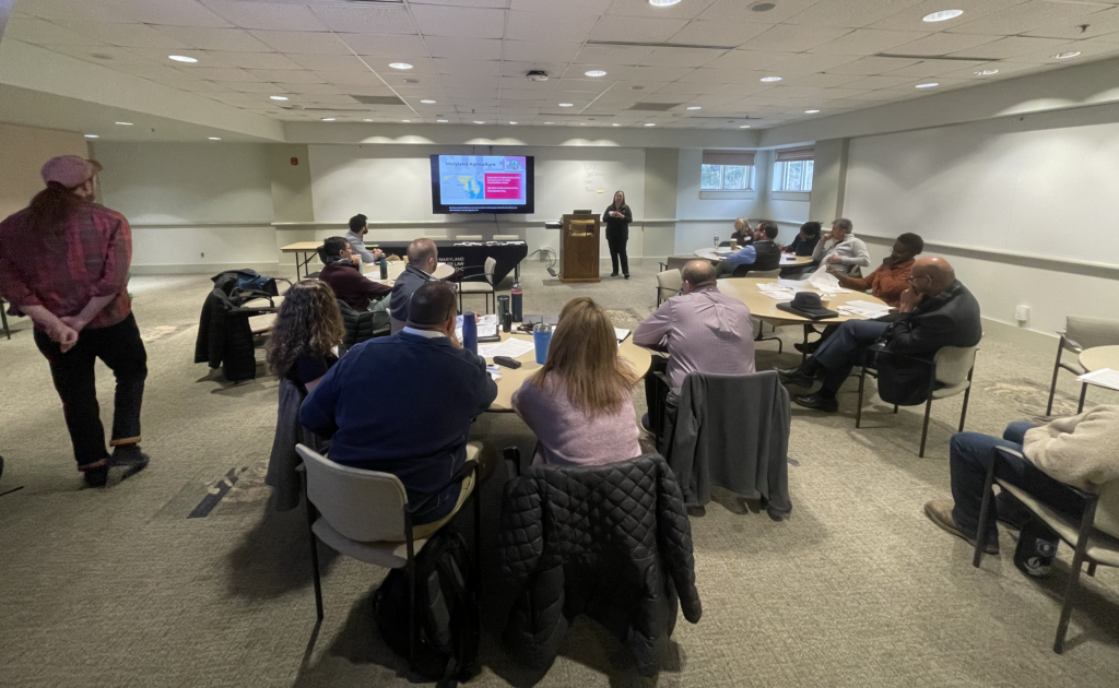 Group of people watching a presentation from a projector screen
