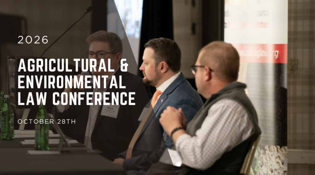 Promotional graphic for the 2026 Agricultural & Environmental Law Conference on October 28th. The image shows three panelists seated at a conference discussion table with microphones and name badges, speaking during a professional event. Large white text overlays the image with the conference title and date.